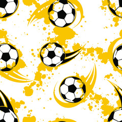 Abstract seamless football pattern. Grunge textured repeat sport print. Black and yellow soccer ball repeated ornament on white background with spray paint ink.