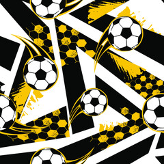 Abstract seamless football pattern. Grunge textured geometric repeat sport print. Black and White, yellow repeated geometrical ornament for boy clothes, textile, wrapping paper. © Kseniia Koval
