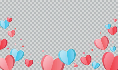 Red, pink and blue hearts on transparent background. Vector illustration. Paper cut decorations for Valentine's day design - obrazy, fototapety, plakaty