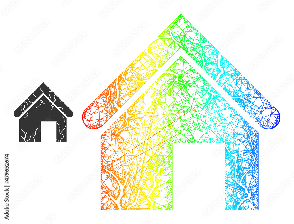 Poster net mesh old decayed house frame icon with spectrum gradient. vibrant frame mesh old decayed house i