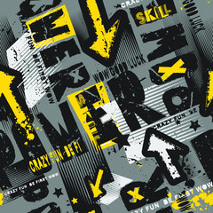 Abstract seamless grunge power pattern. Grungy textured print for fashion textile, sport clothes, wrapping paper. Graffiti wording repeat ornament. Lettering and arrow endless background.