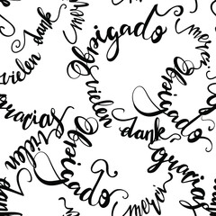Abstract seamless lettering pattern with international words thank you. Different languages wordings, elegant hand written calligraphy repeat print. - obrazy, fototapety, plakaty