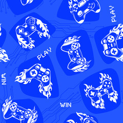Abstract seamless game pad pattern on blue technology background. Gamer repeat print for boy, textile, wrapping paper © Kseniia Koval