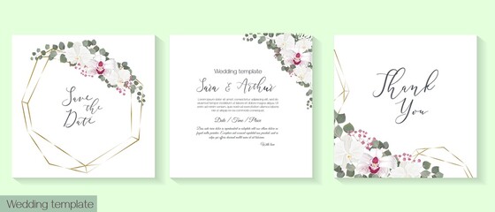 Fototapeta na wymiar Floral design for wedding invitations. White orchid, eucalyptus, dense greenery, green plants and leaves, polygonal frame. Vector template for a postcard. Invitation card, thanks.ration