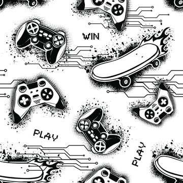 Abstract seamless gamepads pattern. Teenagers repeat print for sport textile, clothes, wrapping paper. Skateboards repeated ornament.