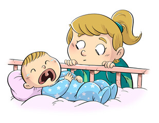 Illustration of baby crying while her sister looks at her - obrazy, fototapety, plakaty