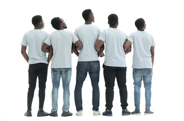 Obraz premium rear view. group of guys looking at white blank screen.