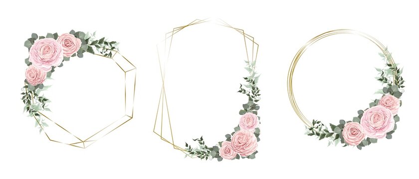 Vector set of floral frames. Pink roses, eucalyptus, green leaves and plants, golden frames. Template for wedding design