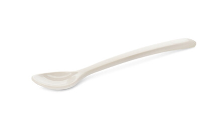 Plastic spoon isolated on white. Serving baby food