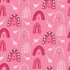 Cute valentines day  seamless pattern with white, pink and brown  rainbows and white boho hearts  on pink background.   Great for nursery ,kids bedroom, textile and gift wrapping paper