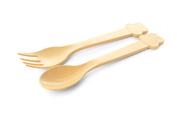 Plastic cutlery on white background. Serving baby food