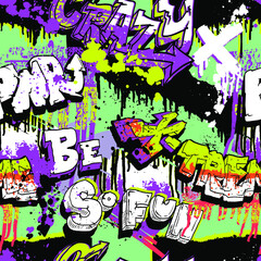 Abstract seamless Grunge graffiti pattern with street art words, spray paint ink,splatters wallpaper. Grungy textured repeat print. Halloween style. Extreme text, crazy, so fun. Wording ornament.