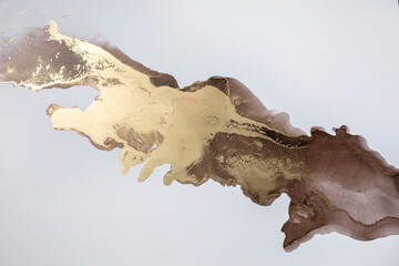 Luxurious abstract fluid painting in the technique of alcohol ink, a mixture of brown and gold paints.