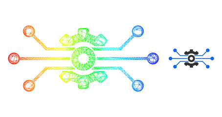 Net mesh solution cog frame icon with rainbow gradient. Colorful frame mesh solution cog icon. Flat model created from solution cog icon and crossing lines.