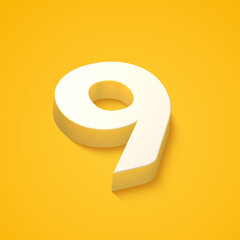 3d alphabet, number nine on yellow background