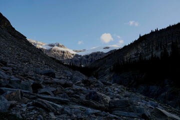 Landscape in the evening upstream from Bow lake in the canyon.