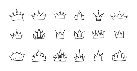 Cute doodle set of princess crown elements. Hand drawn vector illustration. Birthday, New Year's wedding elements for greeting cards, posters, stickers decoration decor. Isolated on white background	
