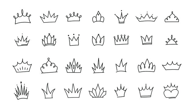 Cute doodle set of princess crown elements. Hand drawn vector illustration. Birthday, New Year's wedding elements for greeting cards, posters, stickers decoration decor. Isolated on white background