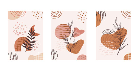 Set of compositions with leaves abstract and shapes, textures. Trendy collage for design in an ecological style. Abstract Plant Art design for print, cover, wallpaper.