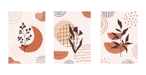 Set of compositions with leaves abstract and shapes, textures. Trendy collage for design in an ecological style. Abstract Plant Art design for print, cover, wallpaper.