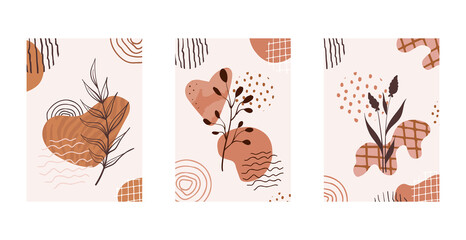 Set of compositions with leaves abstract and shapes, textures. Trendy collage for design in an ecological style. Abstract Plant Art design for print, cover, wallpaper.	
