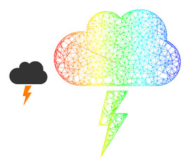 Network thunderstorm cloud frame icon with rainbow gradient. Vibrant carcass network thunderstorm cloud icon. Flat framework created from thunderstorm cloud icon and crossed lines.
