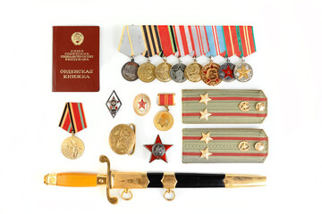 Orders and medals of the veteran on the St. George ribbon. MAY 9 greeting card. White background.