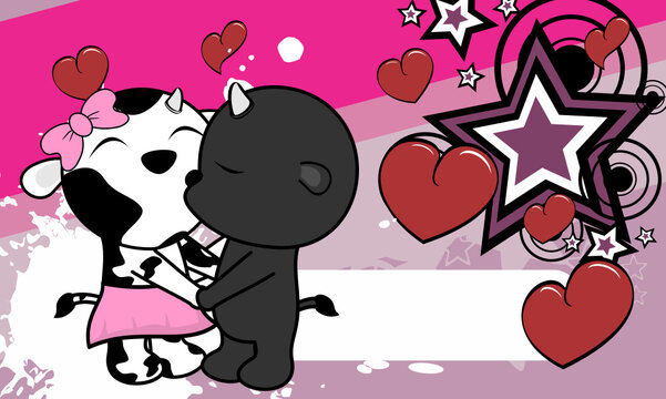 cute valentine cow and bull couple cartoon kiss background illustration in vector format