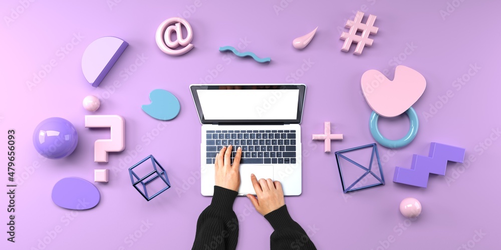 Fototapete Person using a laptop computer with geometric shaped objects from above