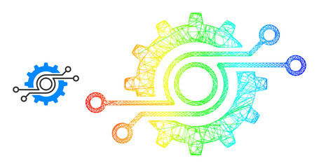 Fototapeta premium Net mesh gear chip model icon with spectrum gradient. Vibrant carcass net gear chip icon. Flat framework created from gear chip icon and intersected lines.