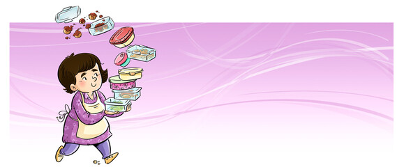 Illustration of woman walking with lunch boxes