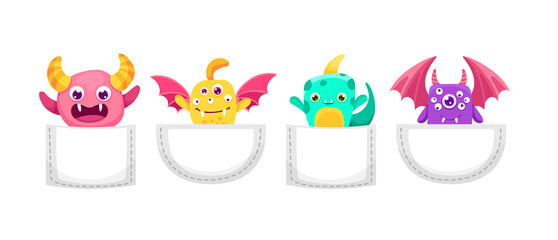 Cute Cartoon monsters in pocket. Scary and funny creature set for Halloween design or t-shirt print. Vector flat colorful illustration