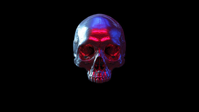 Skull Human Silver Reflection Blue Pink White Light Sci Fi Halloween Skeleton 3d illustration render	