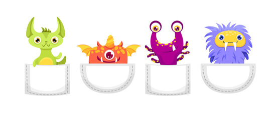 Cute Cartoon monsters in pocket. Scary and funny creature set for Halloween design or t-shirt print. Vector flat colorful illustration