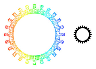 Crossing mesh gear frame illustration with spectrum gradient. Bright frame net gear icon. Flat structure created from gear icon and crossing lines.