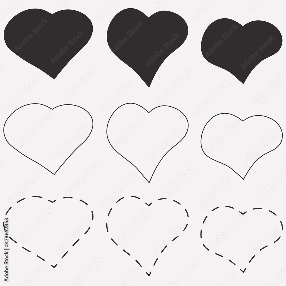 Poster set of black hearts. heart shapes in three versions. dotted hearts and a solid line, as well as fill