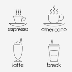Icons with coffee. Espresso, Americano, Latte, Break. Vector with simple icons.
