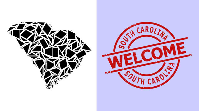 Simple geometric mosaic map of South Carolina State with textured stamp seal. Red stamp seal contains Welcome title inside round and lines shape.