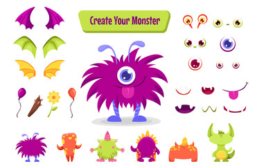 Fototapeta na wymiar Monster creation set for building different creatures with wings, horns, tails and accessories. Spooky funny avatars constructor for Halloween. Vector cartoon flat illustration.