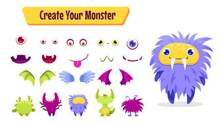 Monster creation set for building different creatures with wings, horns, tails and accessories. Spooky funny avatars constructor for Halloween. Vector cartoon flat illustration.