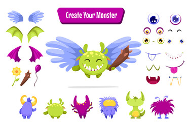 Monster creation set for building different creatures with wings, horns, tails and accessories. Spooky funny avatars constructor for Halloween. Vector cartoon flat illustration. © Foxelle