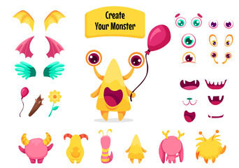 Create your Monster and collect cute aliens and funny creatures. Cartoon character creation kit with all elements and body parts. Vector children illustration © Foxelle