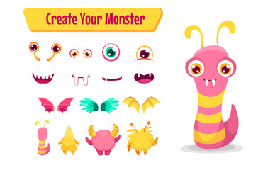 Cute Monster cartoon constructor kit, with body parts, alien eyes, mouths teeth, wings and horns for kids toys, video games and halloween designs. Vector flat colorful illustration