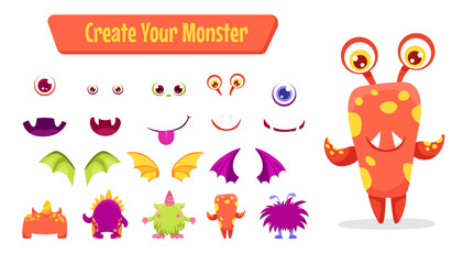 Cute Monster cartoon constructor kit, with body parts, alien eyes, mouths teeth, wings and horns for kids toys, video games and halloween designs. Vector flat colorful illustration © Foxelle