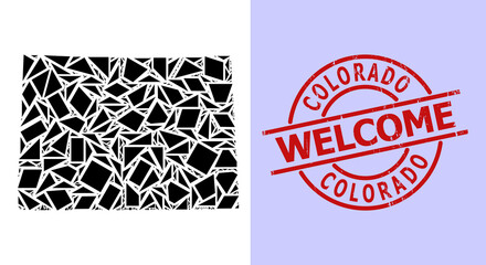 Simple geometric mosaic map of Colorado State with textured stamp. Red stamp contains Welcome caption inside circle and lines form.