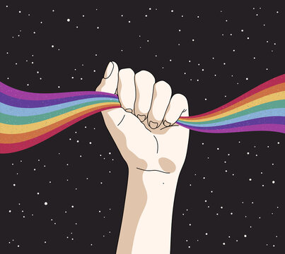 Fist up. Raised human hand. LGBT flag. Rainbow in space. Starry sky