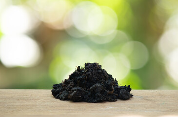 Empty wood floor and soil on bokeh nature background.