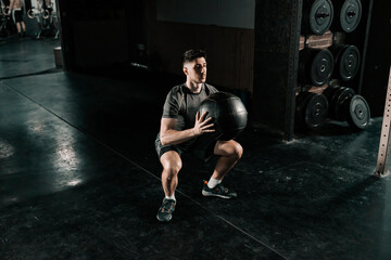 Fototapeta na wymiar A strong man doing functional exercises with medicine ball at the gym.