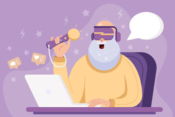 Old man playing video games, elderly gamer with laptop and headphones smiling. Concept illustration of gray haired grandfather sitting in the armchair and play games trough laptop. Vector illustration