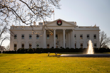 Low angle view of US Presidents home and fountain, the White House in Washington, DC.